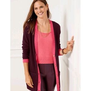 Talbots V-Neck Tipped Cotton Burgundy Cardigan Size XS